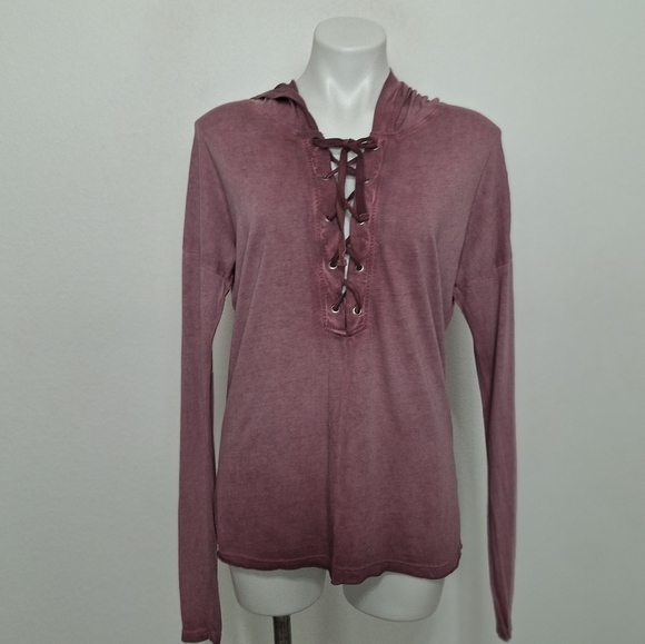 Mono B Pink Front Lace Up Boho Coquette Long Sleeve Pullover Hoodie Size L - Picture 1 of 14
